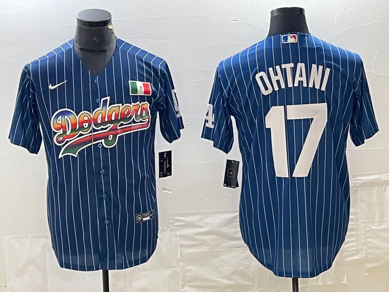Men Los Angeles Dodgers #17 Ohtani Blue stripe Nike Game MLB Jersey style 8